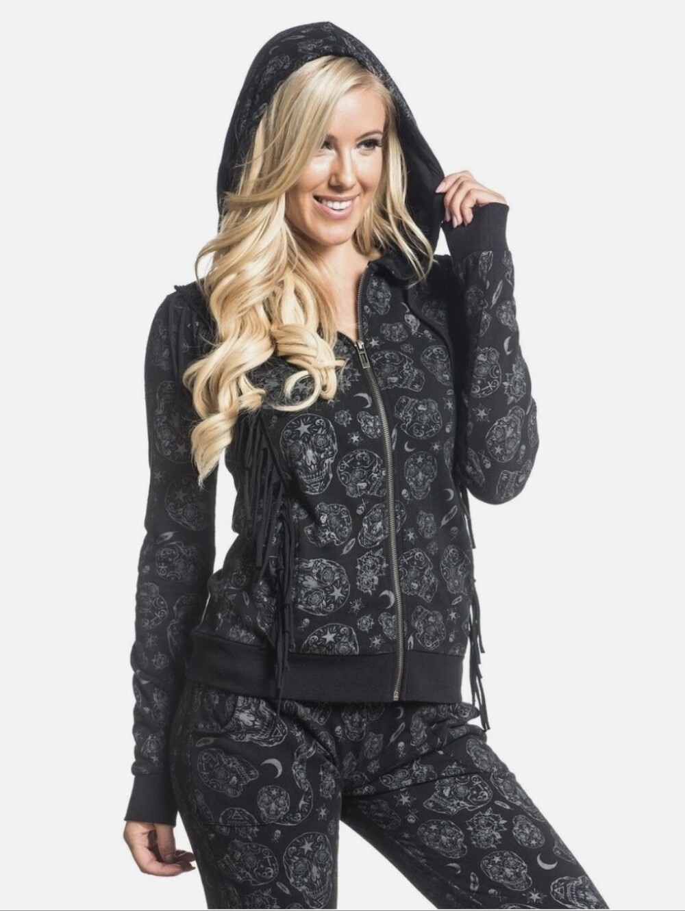 Sullen Angels Deadstock Flocked Skull Fringe Zip Hoodie - NWT - Size L